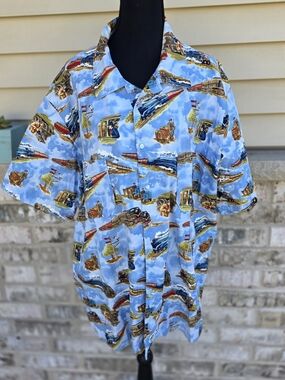 Handmade Train Print Shirt XXL Railroad Locomotive Snap Front
